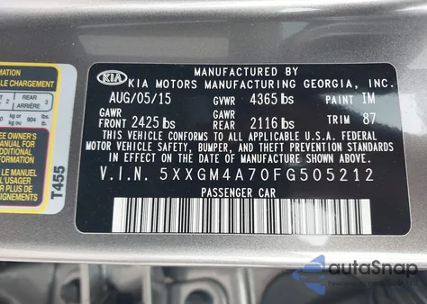 2015 Kia Optima Lx из США, поврежденный, VIN 5XXGM4A70FG505212